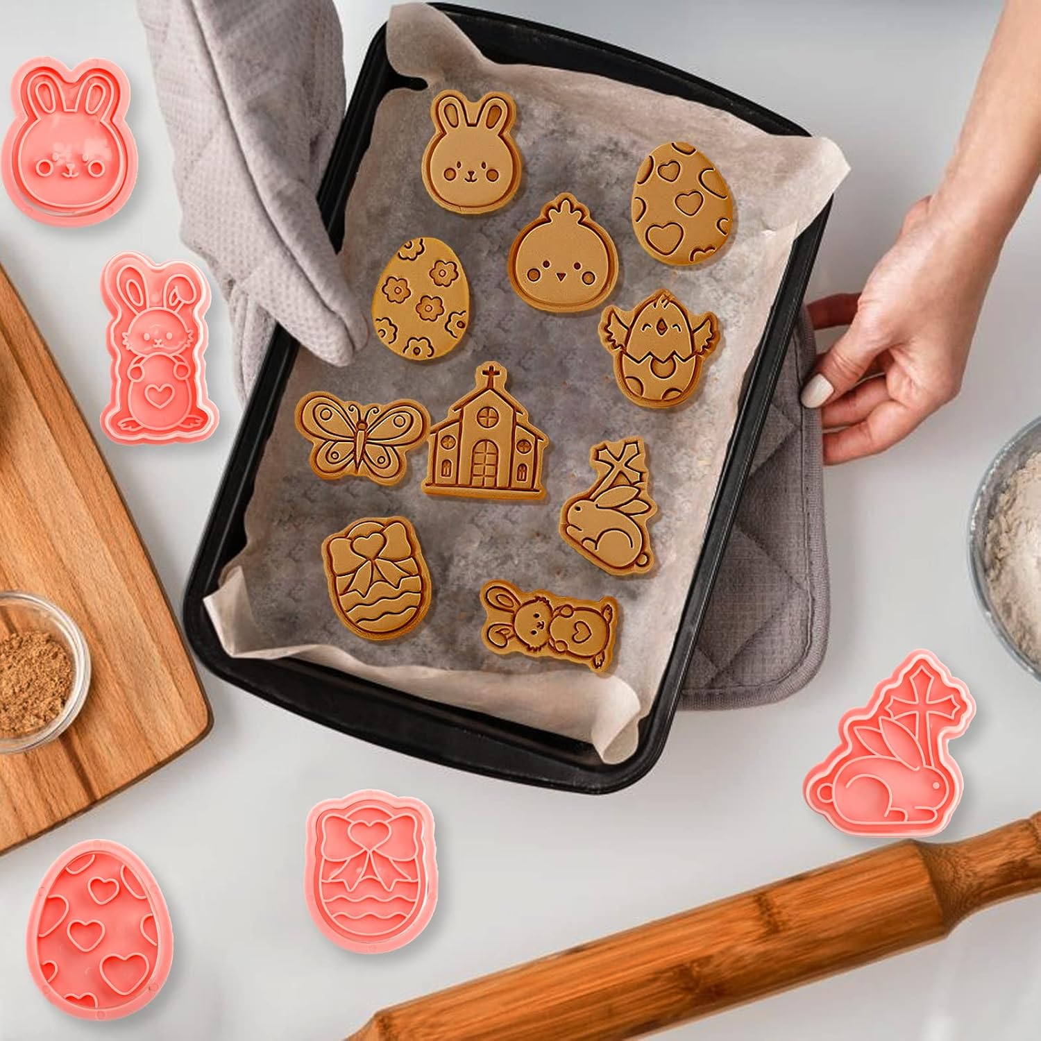 10 Pcs Cookie Cutters Set Cookie Stamps 3D Cookie Stamps for Biscuit Snacks Fondant Cheese Baking Molds for Rabbit Egg Butterfly Church Chick