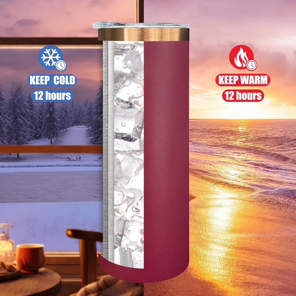 20 oz Skinny Tumblers Bulk, Stainless Steel Insulated Tumbler with Lids and Straws, Slim Double Wall Powder Coated Travel Coffee Mugs, Reusable Cup for Hot and Cold Drinks (Red,1 pack)