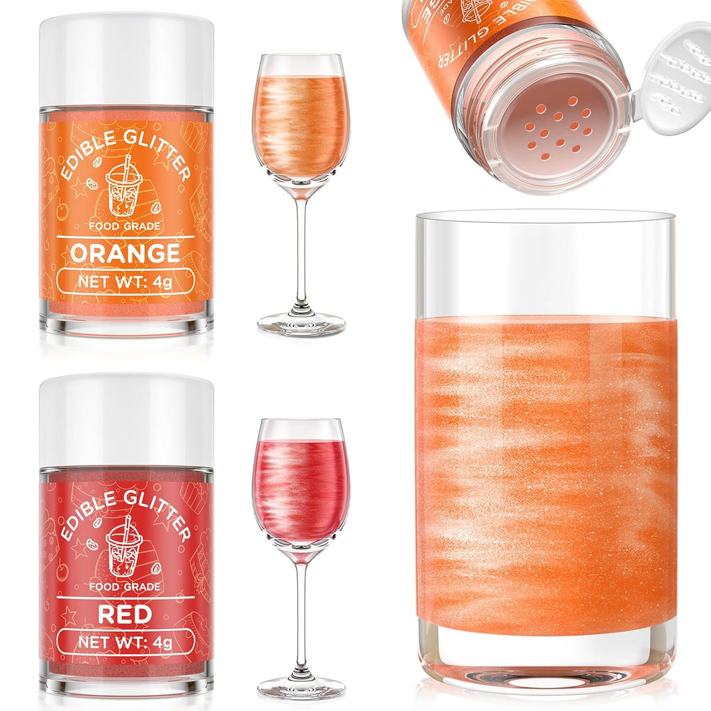 Cherrysea Edible Glitter for Drinks Cocktails Food Grade Edible Drink Shimmer Powder for DIY Champagne Beverages Wine 2 Colors Vegan Edible Luster Dust Set 4g/Bottle Gluten Free - Orange+Red