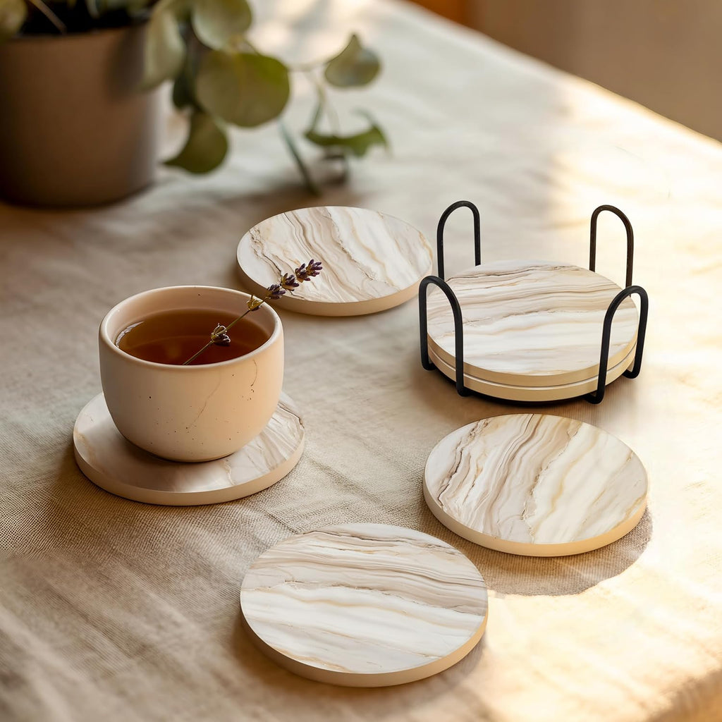 VEYRO Coasters Set of 4 for Drinks – Absorbent Ceramic Stone Drink Coasters with Cork Backing for Coffee Table & Desk, Modern Marble Look Cup Coaster Set, Housewarming Gift for New Home