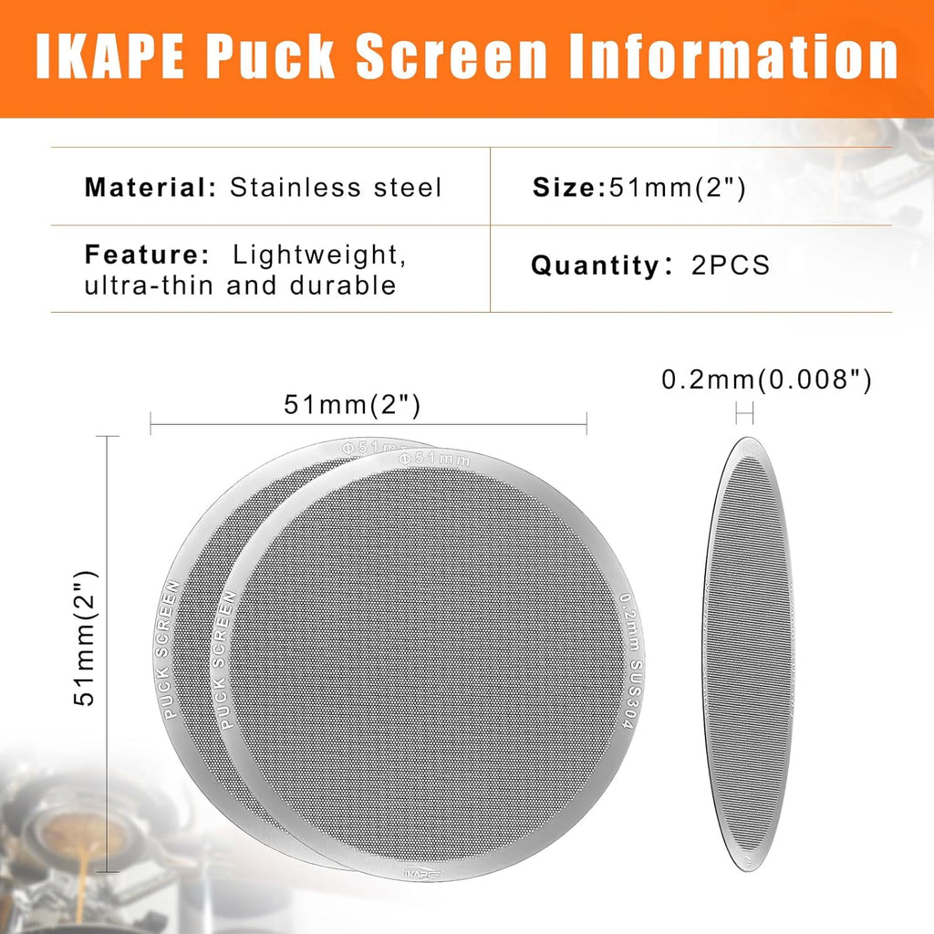 IKAPE 51mm 2pc Espresso Puck Screen, 0.2mm Thickness, Reusable Metal Ultra-thin & Ultra-light Coffee Filters, Food-grade 316 Stainless Steel Coffee Puck Screen for Espresso Baristas