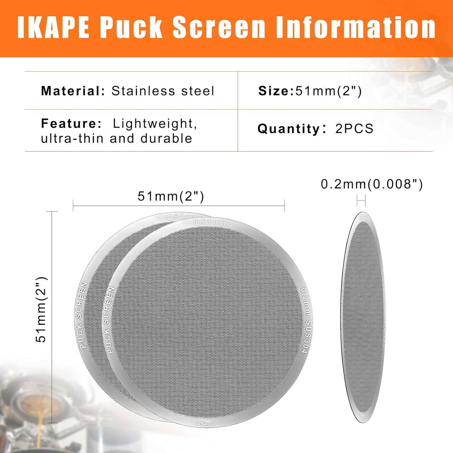 IKAPE 51mm 2pc Espresso Puck Screen, 0.2mm Thickness, Reusable Metal Ultra-thin & Ultra-light Coffee Filters, Food-grade 316 Stainless Steel Coffee Puck Screen for Espresso Baristas