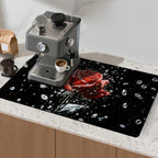 17"x 32" Coffee Bar Mat, Red Rose Absorbent Dish Drying Mat Cuttable Hide Stain Draining Table Pad for Kitchen Counter, Coffee Bar Accessories