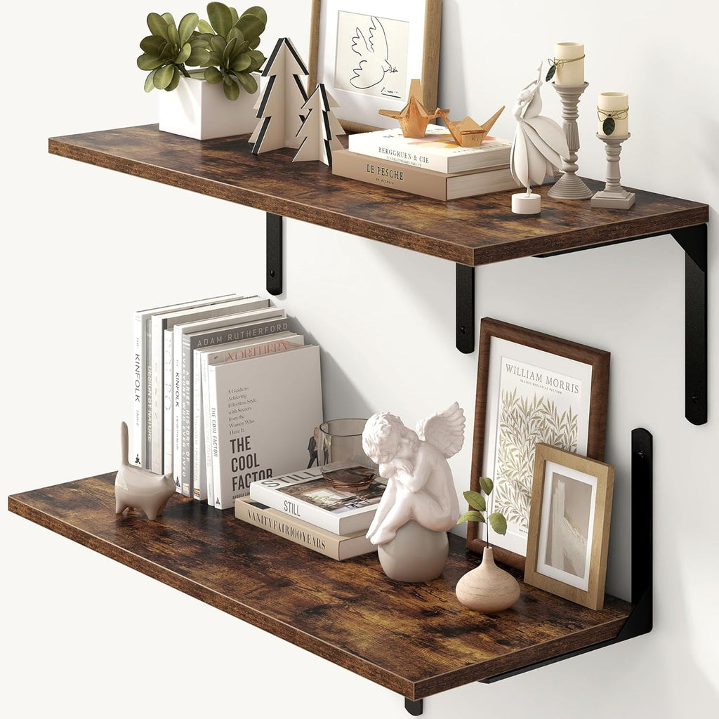 Fun Memories Rustic Brown 12 Inch Deep Floating Shelves Set of 2, Wall Mounted Shelf with Metal Brackets, Rustic Wood Wall Shelf for Bathroom, Kitchen and Living Room