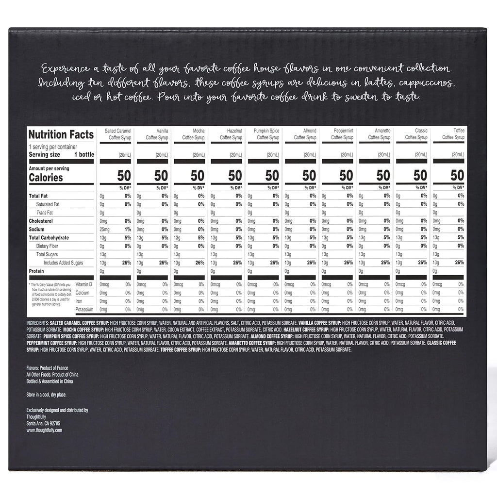 Thoughtfully Gourmet, Coffee Syrup Sampler Gift Set, Syrup Flavors Include Salted Caramel, Vanilla, Mocha, Hazelnut, Pumpkin Spice, & More, Set of 10