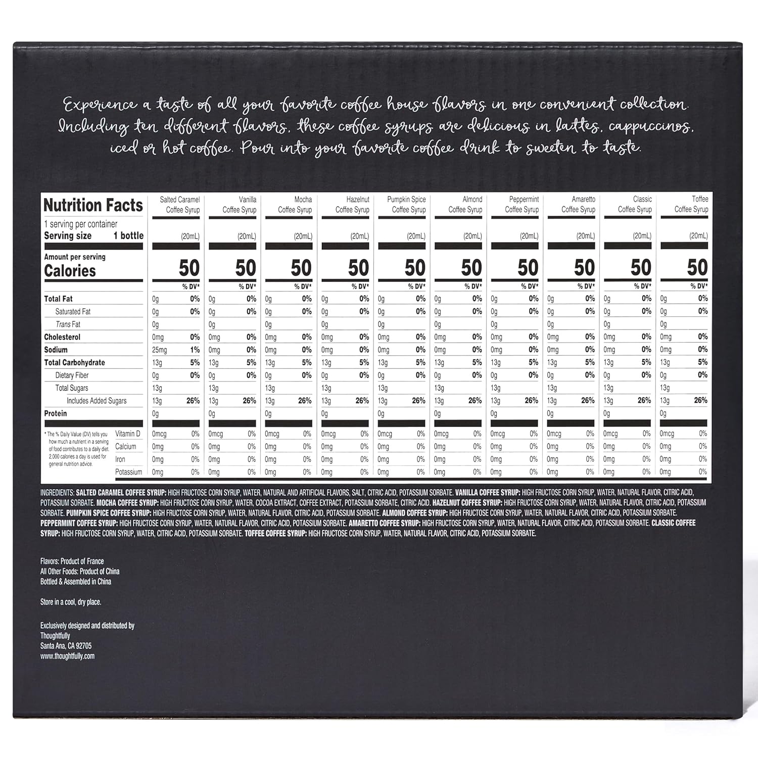 Thoughtfully Gourmet, Coffee Syrup Sampler Gift Set, Syrup Flavors Include Salted Caramel, Vanilla, Mocha, Hazelnut, Pumpkin Spice, & More, Set of 10