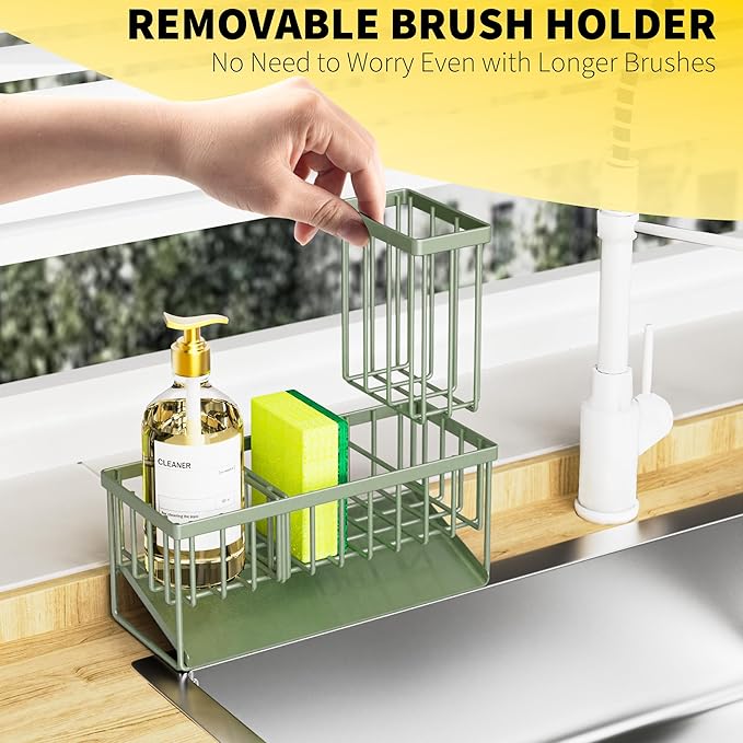 Cisily Kitchen Sink Caddy - Sponge Holder and Organizer with High Brush Holder, 304 Stainless Steel, Sage Green
