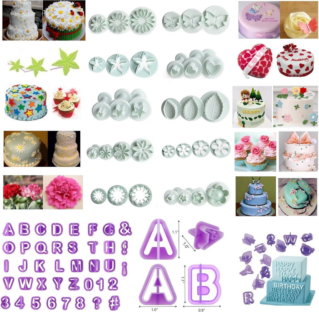 Flower Fondant Cutters,73Pcs Cake Cookie Cutter Plunger Sugarcraft Alphabet Letters Decorating Tools,Sunflower Rose Leaf Butterfly Heart Star Carnation Hollow Calyx Cutter Molds,Icing Modelling Kit