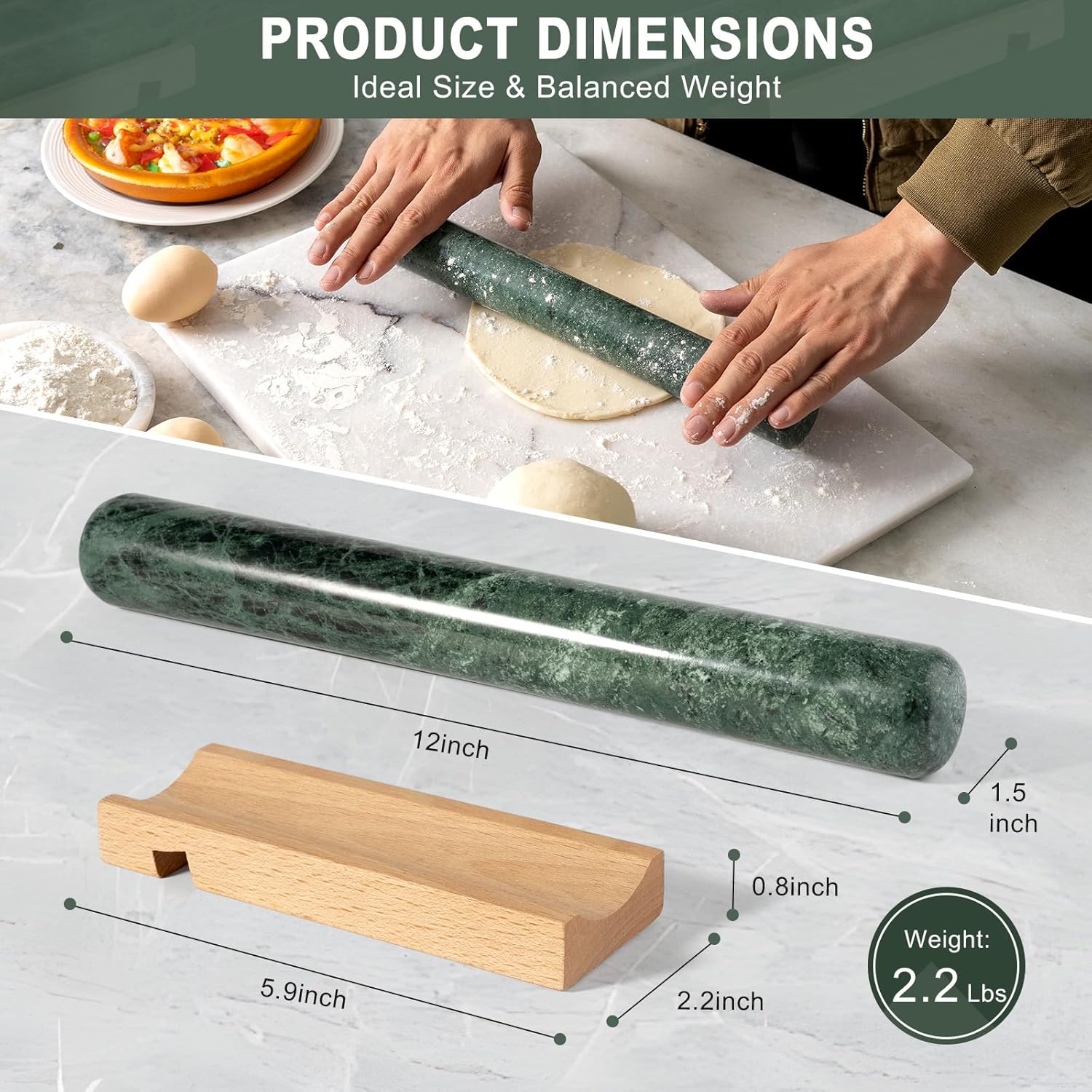 Marble French Rolling Pin for Baking, 12 Inch Non Stick Polished Rolling Pin for Dough, Heavy Dough Roller for Fondant Pizza Pie Crust Cookie Pastry Bread, Kitchen Baking (Indian Green)