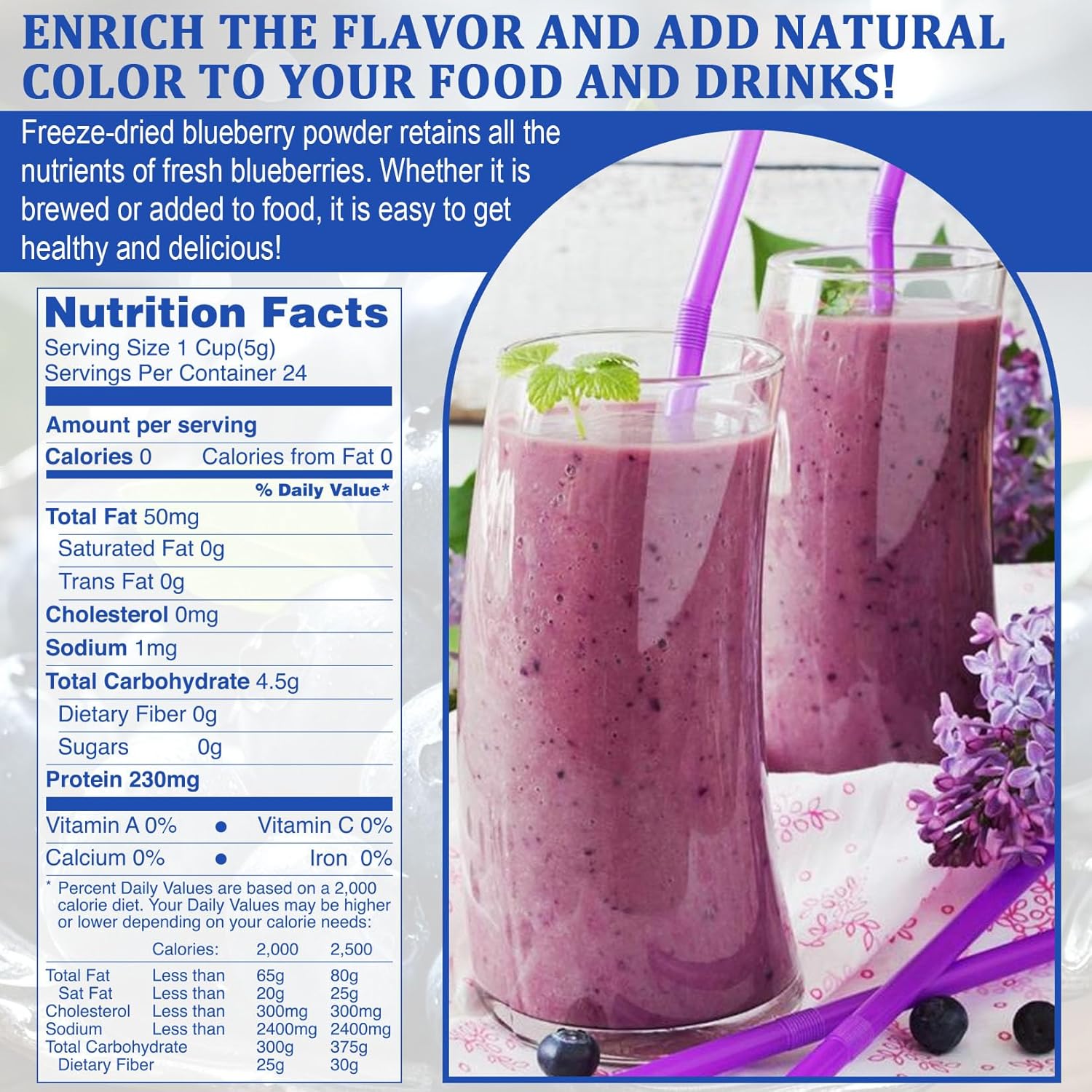 Blueberry Powder - 100% Freeze Dried Blueberries Fruit Powder, No Additives Blueberries Extract for Baking and Flavoring, Rich in Nutrients, Non-GMO, Great for Drinks, Smoothies, Beverages - 4oz
