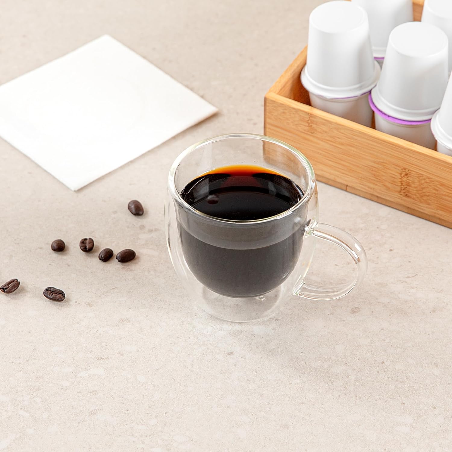 Restaurantware-Forma Professional 8.5 Ounce Glass Coffee Cups, 12 Insulated Coffee Cups With Handle - Dishwashable, Reusable, Clear Double Wall Beverage Tumblers, Freezable, For Hot Or Cold Beverages