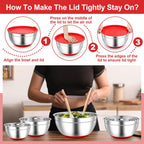 TeamFar Mixing Bowls, Red Mixing Bowls with Lids Set, Stainless Steel Nesting Salad Bowl with Air-tight Lid & Silicone Bottom, Non Slip & Stackable - Set of 6-4.6/2.6/2 / 1.5/1 / 0.7 Qt