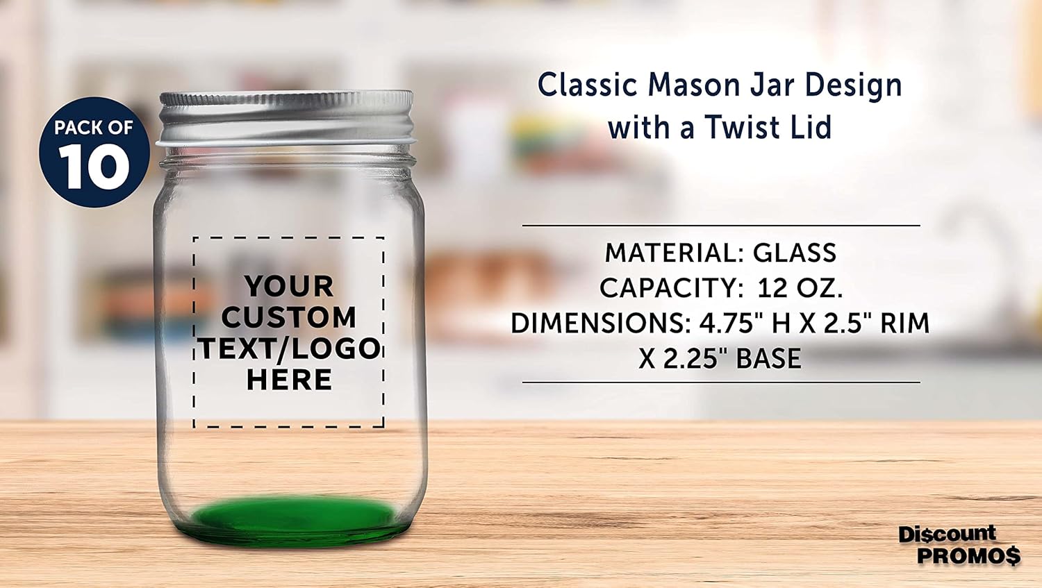 DISCOUNT PROMOS 10 Decorating Mason Jars Set, 12 oz. - Customizable Text, Logo - Canning, Aluminum Lid - Green