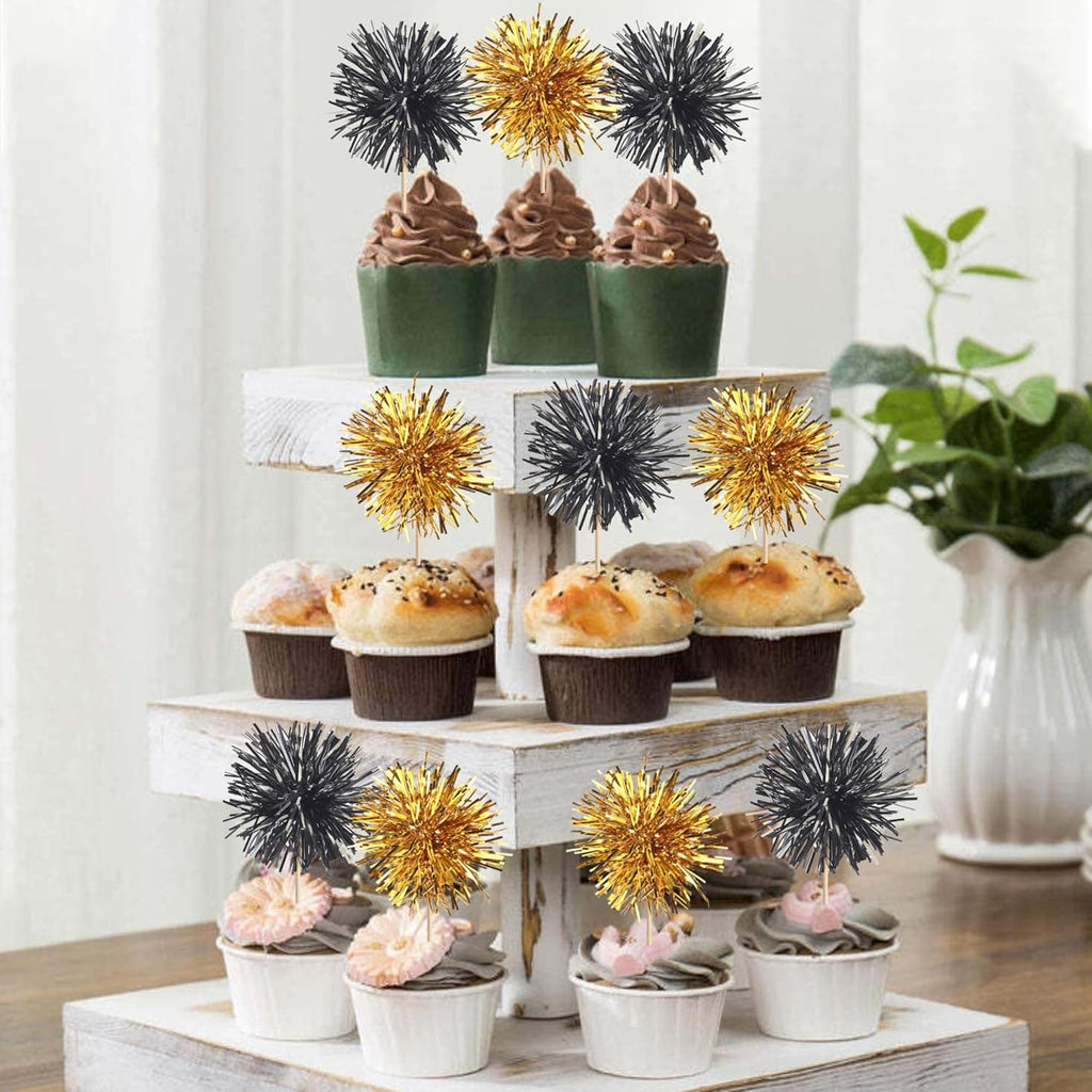 40 PCS Foil Firework Cupcake Toppers Sparkle Tinsel Cupcake Picks Fireworks Birthday Party Decorations Cocktail Fruit Toothpick for Birthday Wedding Graduation Party Decorations Supplies Black Gold