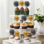 40 PCS Foil Firework Cupcake Toppers Sparkle Tinsel Cupcake Picks Fireworks Birthday Party Decorations Cocktail Fruit Toothpick for Birthday Wedding Graduation Party Decorations Supplies Black Gold