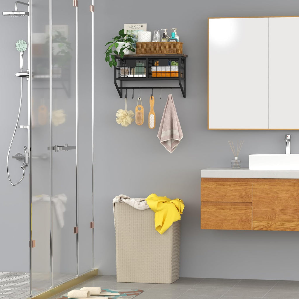 Helsin Industrial Wall Mounted Metal Wood Floating Shelves with Baskets Hooks Hanging Display Shelf Sundries Holder for Coffee Bar Kitchen Bathroom Organization and Home Decor, Black (16inch, 2 Sets)