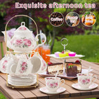 20-Pieces Tea Set For Adult with Golden Metal Rack,Porcelain Tea Sets For Women,Tea Gift Sets for Home&Party(016)