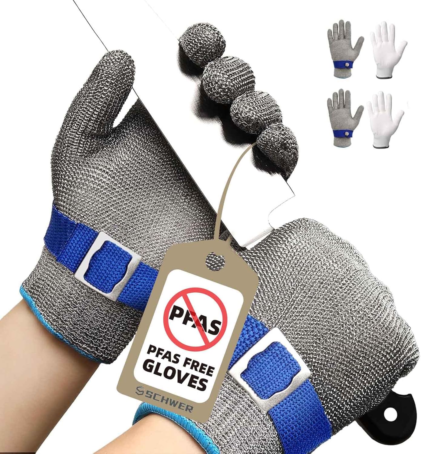 Schwer SlicePro ANSI A9 Cut Resistant Glove PR1707, Food Grade Stainless Steel Wire Metal Gloves, Cutting Gloves for Kitchen, Meat Cutting, Oyster Shucking, Fish Fillet, Non-PFAS（L, 2 PCS）