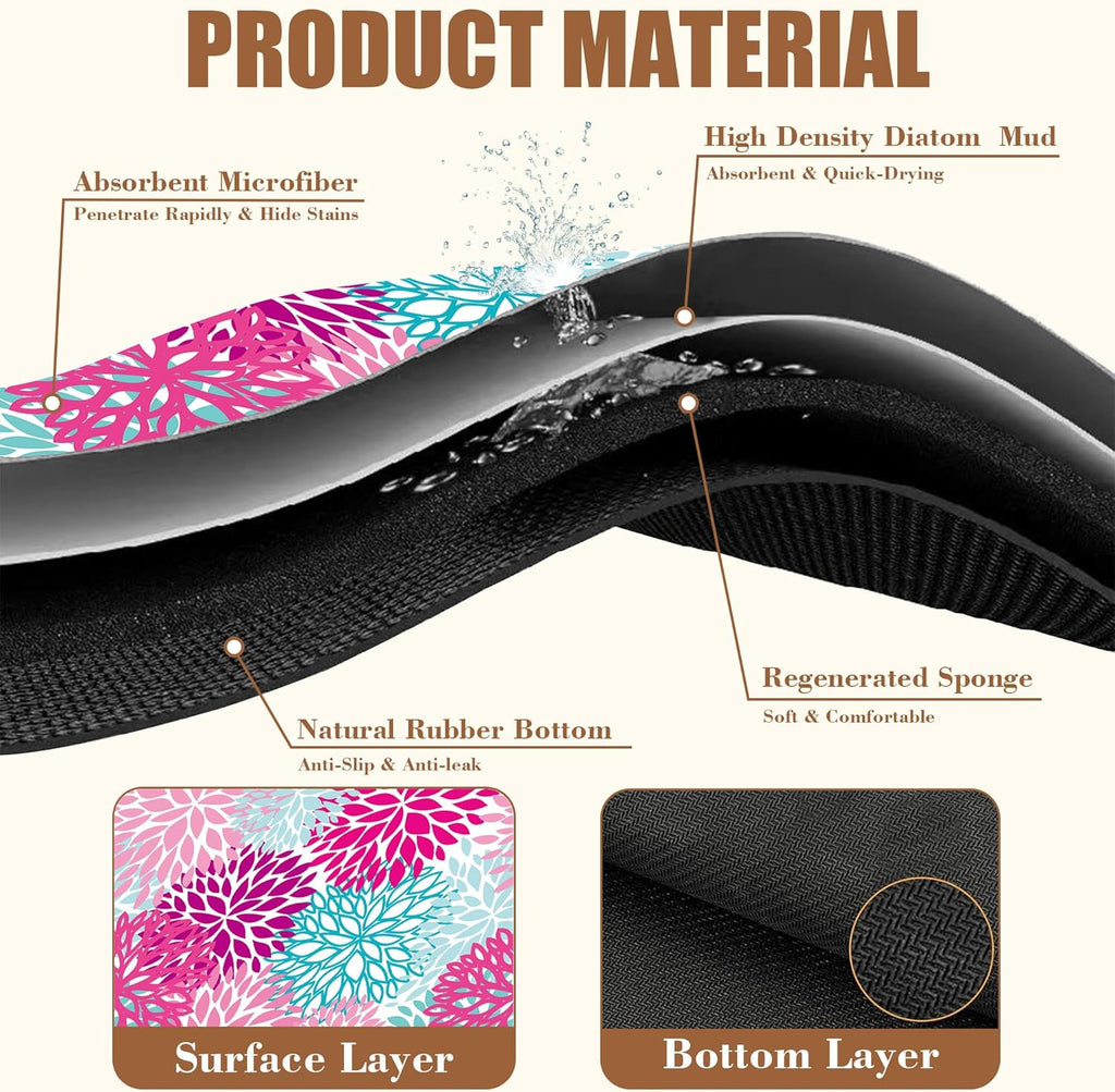 Pink Blue Chrysanthemum Flowers Dish Drying Mat for Kitchen Counter Coffee Bar Mat Hide Stain Absorbent Rubber Backed Drying Rack Pad Espresso Machine Coffee Bar Accessories 15.7 x 23.6 Inch