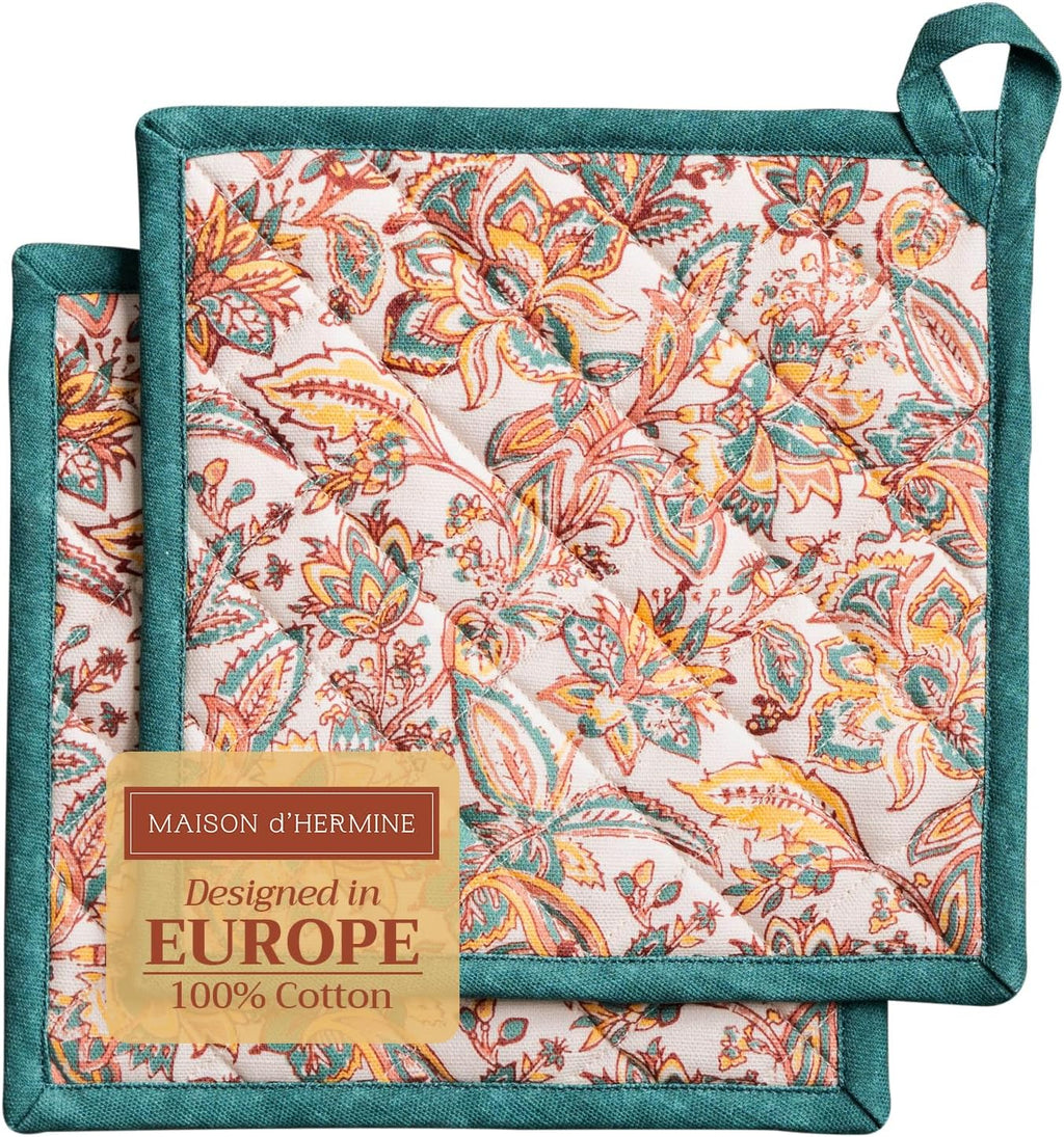 Maison d' Hermine Pot Holders Set 100% Cotton Heat Resistant Potholders 8" x 8" Hot Pads with Loop BBQ, Cooking, Baking, Grilling, Kitchen, Handling Hot Pans (Pack of 2, Nila)