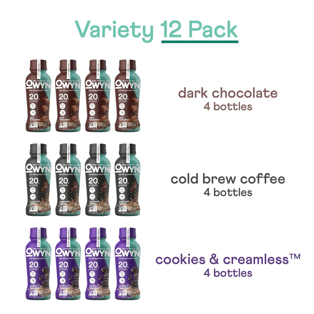 OWYN Only What You Need Plant Based Protein Shake, 20g Vegan Protein from Organic Pumpkin Seed, Flax, Pea Blend, Prebiotic Supplement, Superfood Greens, Gluten & Soy-Free (Variety Pack, 12 Pack)