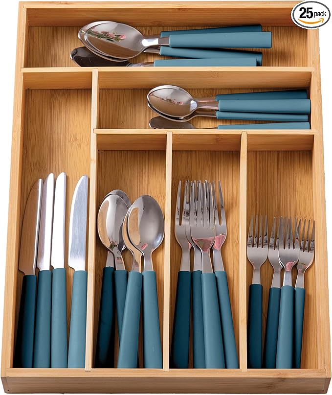 COOK WITH COLOR Bamboo Kitchen Utensil Set with Drawer Organizer | Cooking Tools and Storage Caddy, Blue, 25 Piece Cutlery Set