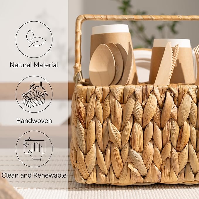 StorageWorks Wicker Silverware Organizer with Handle, Water Hyacinth Kitchen Utensil Holder, Large Utensil Holder for Kitchen Counter, Spoon Forks Cutlery Caddy, Paper Plate Dispenser for Countertop