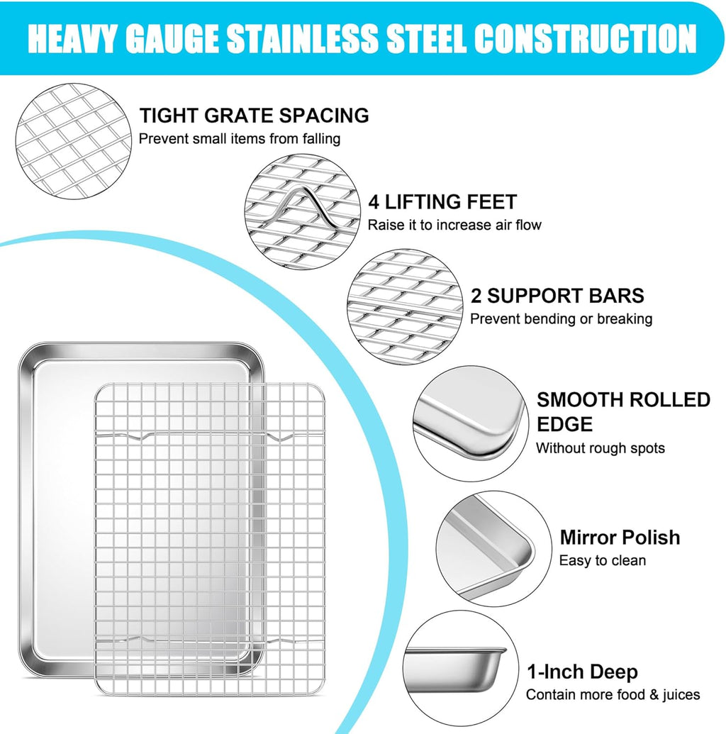 E-far Stainless Steel Baking Sheet with Wire Rack Set, 12.5” x 9.7” Cookie Sheet Broiling Pan for Oven, Rimmed Metal Tray with Cooling Rack for Cooking Roasting, Non-Toxic & Dishwasher Safe