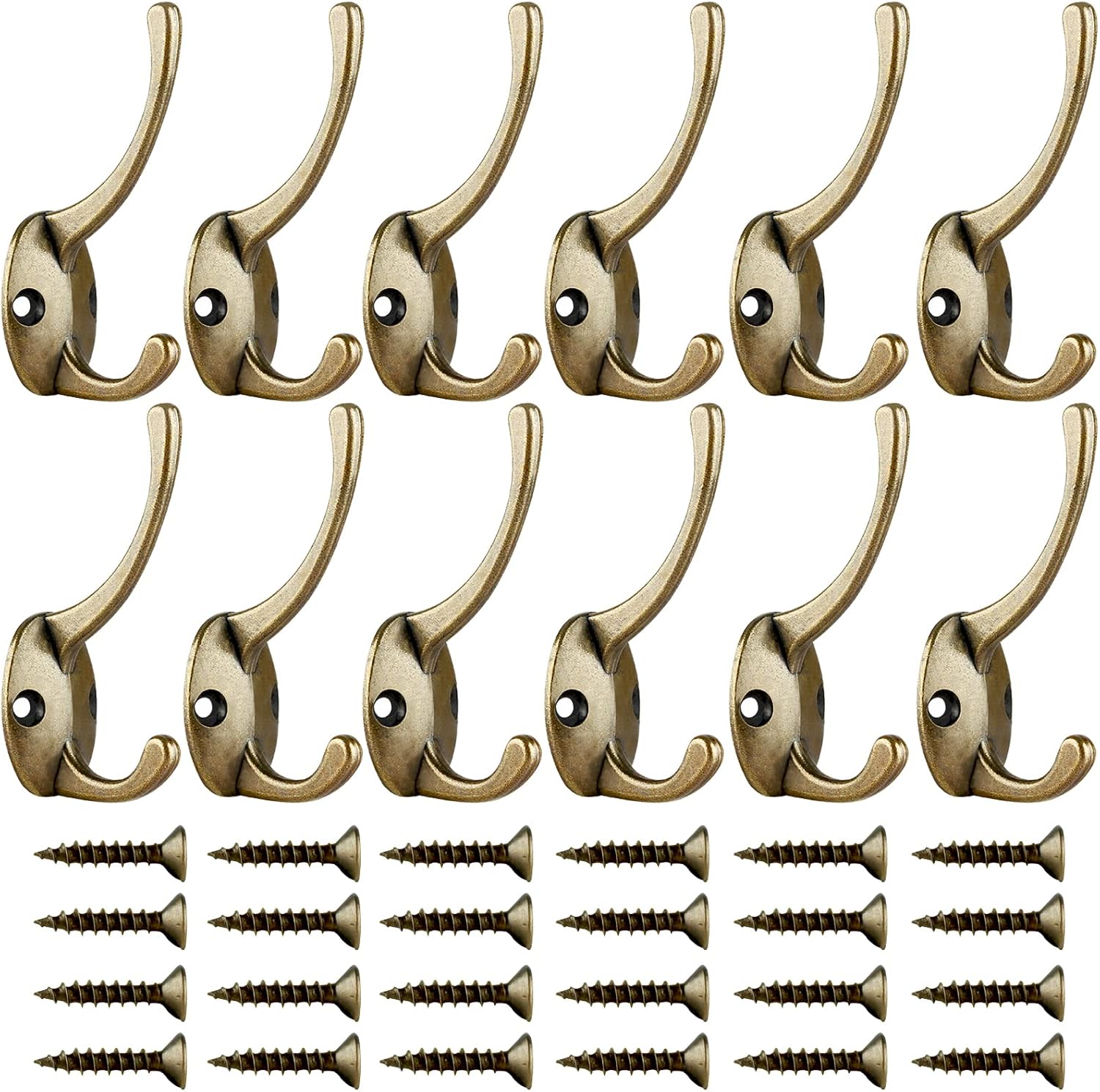 IBosins 12 Pack Antique Brass Coat Hooks Wall Mounted with 24 Screws Retro Double Hooks Utility Antique Brass Hooks for Coat, Scarf, Bag, Towel, Key, Cap, Cup, Hat