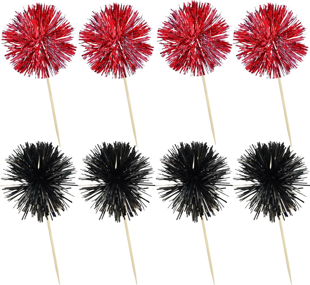 Ephlyn 30Pcs Foil Firework Cupcake Toppers Party Birthday Cake Toppers Supplies Sparkle Tinsel Cocktail Fruit Toothpick for Birthday Wedding Graduation Party Supplies Black Red