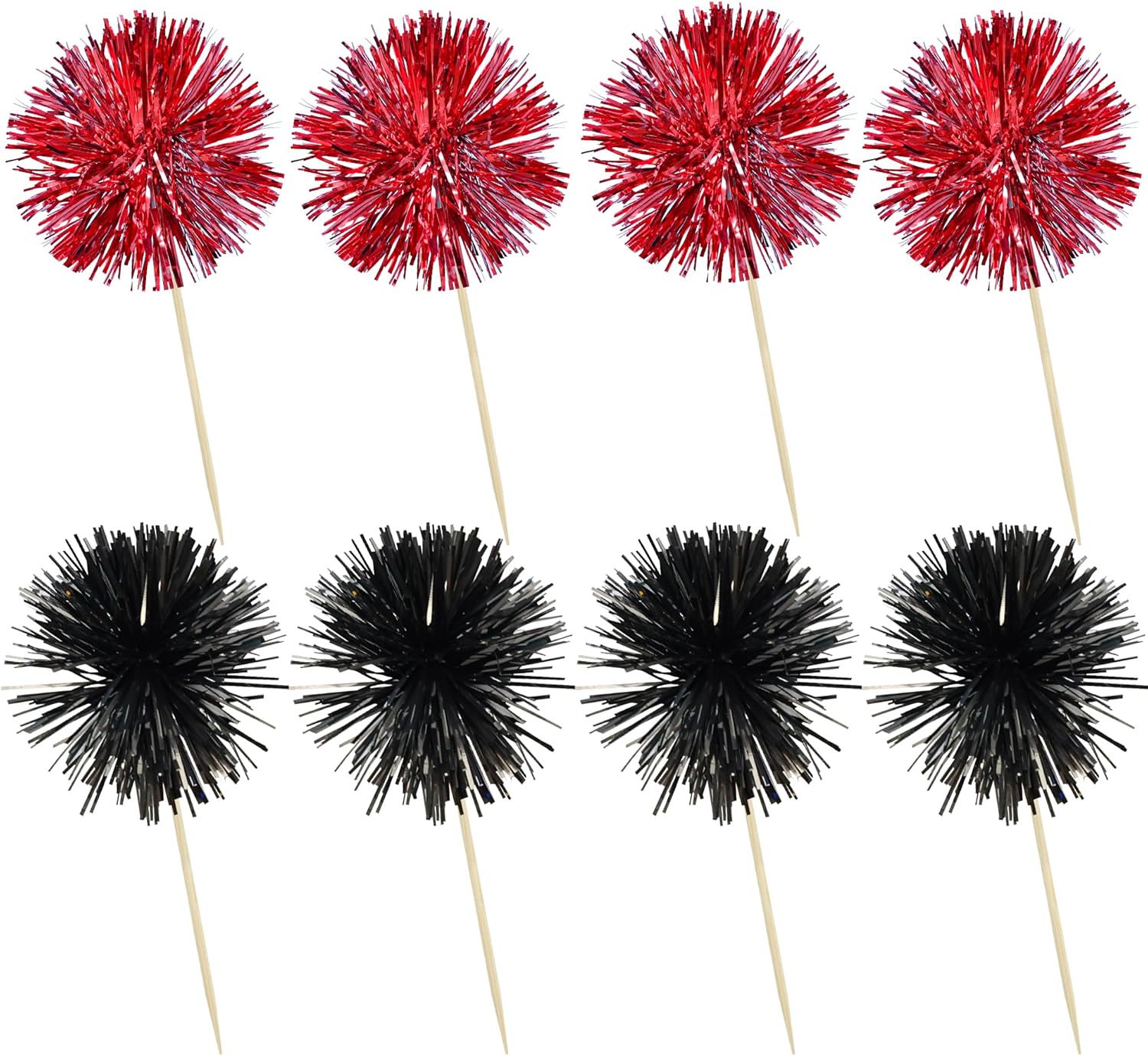 Ephlyn 30Pcs Foil Firework Cupcake Toppers Party Birthday Cake Toppers Supplies Sparkle Tinsel Cocktail Fruit Toothpick for Birthday Wedding Graduation Party Supplies Black Red