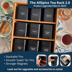 AllSpice Tea Organizer Rack with 9 Tins & 160 Magnetic Labels – Perfect for Bagged & Loose Leaf Tea Organization - Cherry