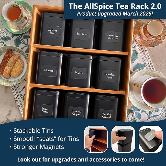 AllSpice Tea Organizer Rack with 9 Tins & 160 Magnetic Labels – Perfect for Bagged & Loose Leaf Tea Organization - White
