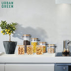 Urban Green Glass Jars with Bamboo Lids, Square Glass Jar with airtight lids, 6 pack of 28oz, Food Storage Containers with bamboo lids, Panty Jars