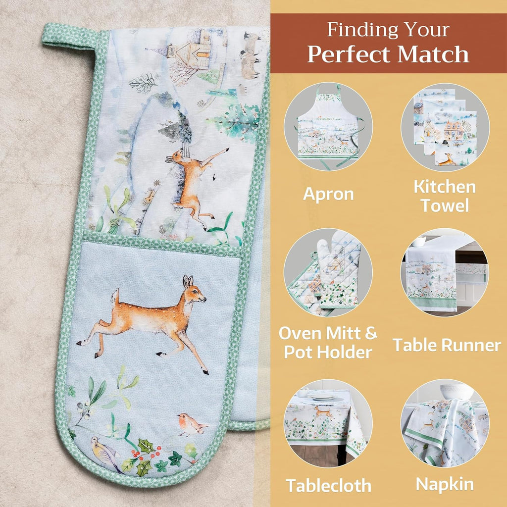 Maison d' Hermine Double Oven Mitts 100% Cotton 7"x35" Double Oven Mitt Heat Resistant BBQ Cooking Gloves with Loop, Baking, Grilling, Home, Kitchen, Handling Hot Pans (Snowy World)