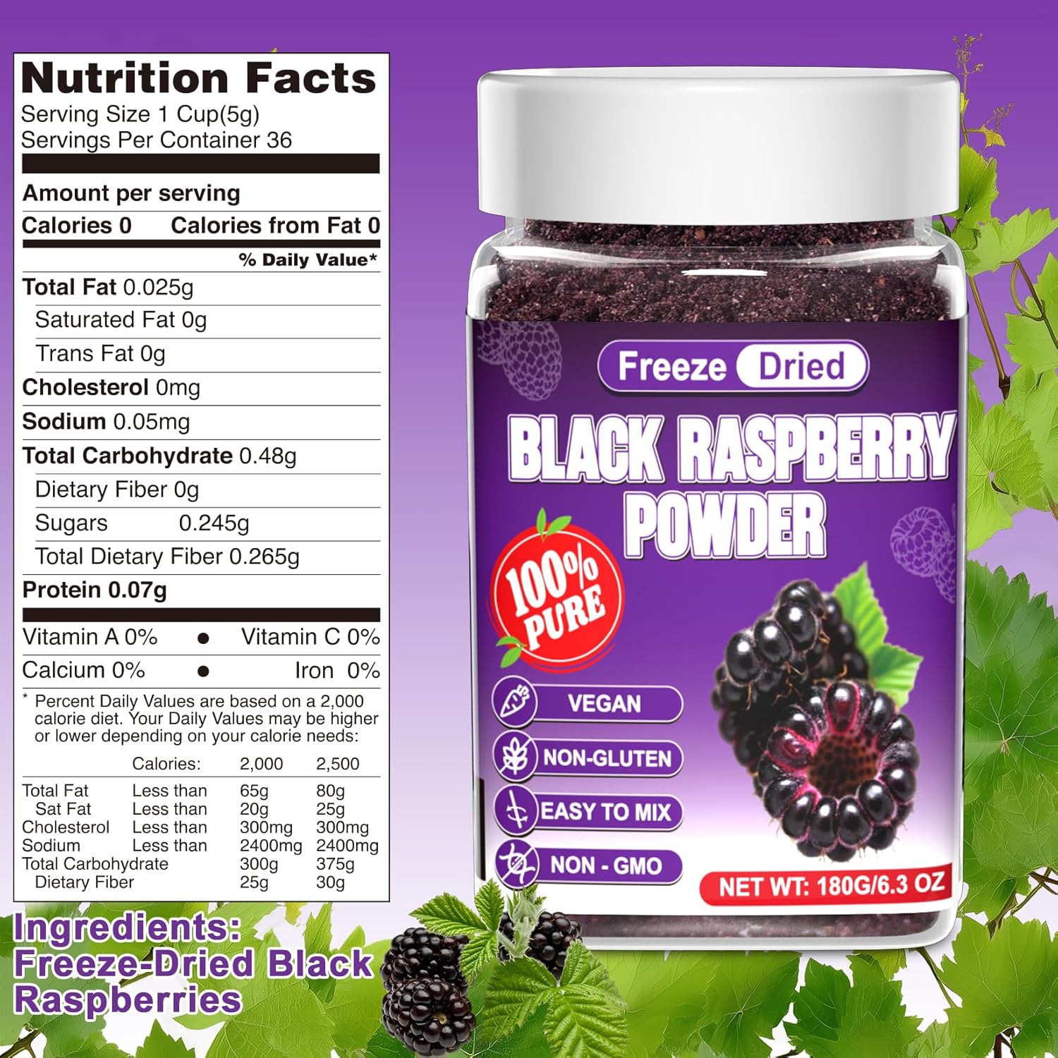 Freeze Dried Black Raspberry Powder - 180g Super Fruit Powder, 100% Black Raspberry Extract, No Additive, No Artifical Sugar Non-GMO Natural Food Coloring for Baking, Smoothies, Yogurt