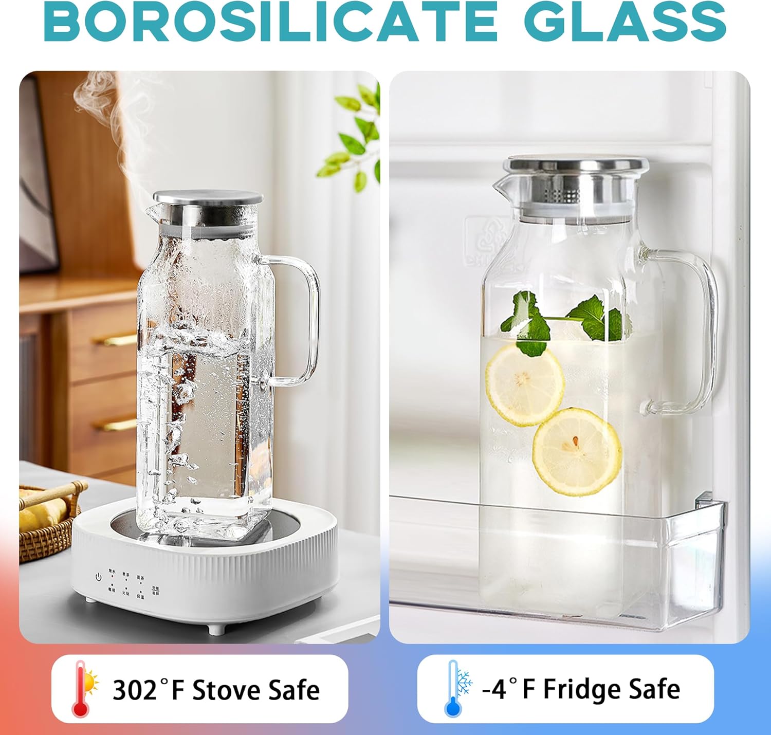 68 oz Square Glass Pitcher with Lid and Spout, 2 Quart Lightweight Water Pitchers for Hot/Cold Drink, Borosilicate Jugs, Heat Resistant, Glass Carafe with Handle,Ideal for Fridge Storage(2Pack)