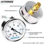 MEANLIN MEASURE -30inHG~0Psi Stainless Steel 1/4" NPT 2.5" FACE DIAL,Vacuum Liquid Filled Pressure Gauge,Single Scale, WOG Water Oil Air, Back Mount, with 1/2" NPT and 3/8" NPT Hex Bushing