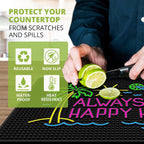 Premium Quality Always Happy Hour Bar Mat, Tiki Bar Mat for Bartending 18x12, Outdoor Tiki Bar Decor, Durable Bar Mats for Countertop, Drying Mat for Home Bar, Perfect Home Bar Accessories Xmas Gift