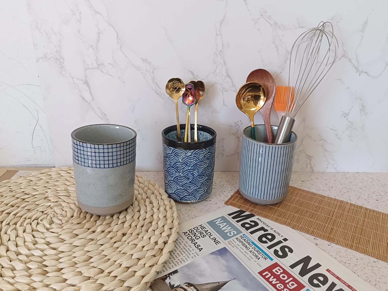 Stoneware Coffee Bar Utensil Holder Tea & Coffee Spoon & Stirrer Holder for Stir Stick Straw Teaspoon Holder Spoon Cup Small Utensil Jar (Blue Wave)