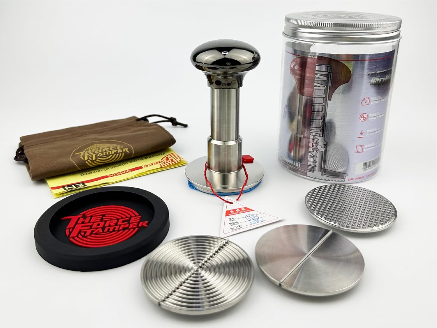 The Force Tamper Automatic Impact Adjustable Constant Pressure and Autoleveling Coffee Tamper Black Mirror Jellyfish AL Handle Set Pro (TRI-Distribute Set, 58.50mm)