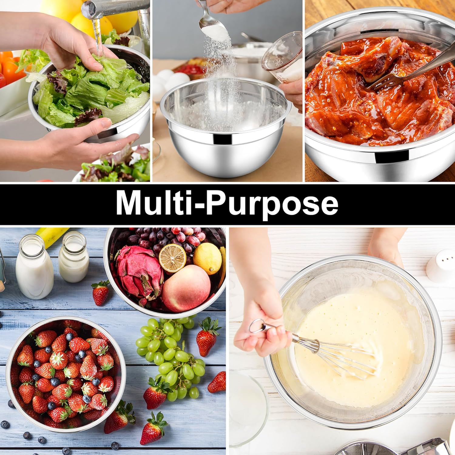 E-far Mixing Bowls with Lids, 12-Piece Stainless Steel Salad Bowls Metal Nesting Bowls for Baking Cooking and Prepping, Airtight Lids & Stackable Design, Size 7, 4.5, 3, 1.5, 1.2, 0.7 QT (Black)