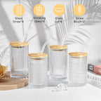 14 oz Drinking Glasses Set of 4 with Bamboo Lids Straws Striped Ribbed Glassware Set Vintage Glass Cups Embossed Iced Coffee Cup for Beer Cocktail Beverage(Ribbed)