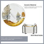 Drink Coasters Set of 6 with Holder,Golden Deer Forest Mountain Absorbent Ceramic Coasters with Cork Base,Fit All Cups,Tabletop Protection Mat for Mugs and Cups,Office,Kitchen