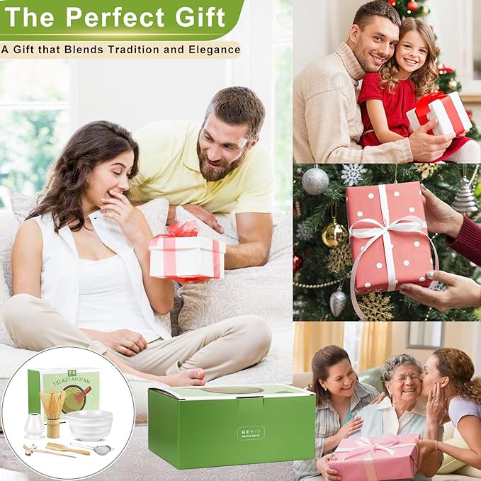 7 Pcs Matcha Whisk Set with Ceramic Bowl, Bamboo Scoop, Whisk, Holder, Sifter, Spoon and Scoop Holder, Tea Kit for Matcha Lover (White)