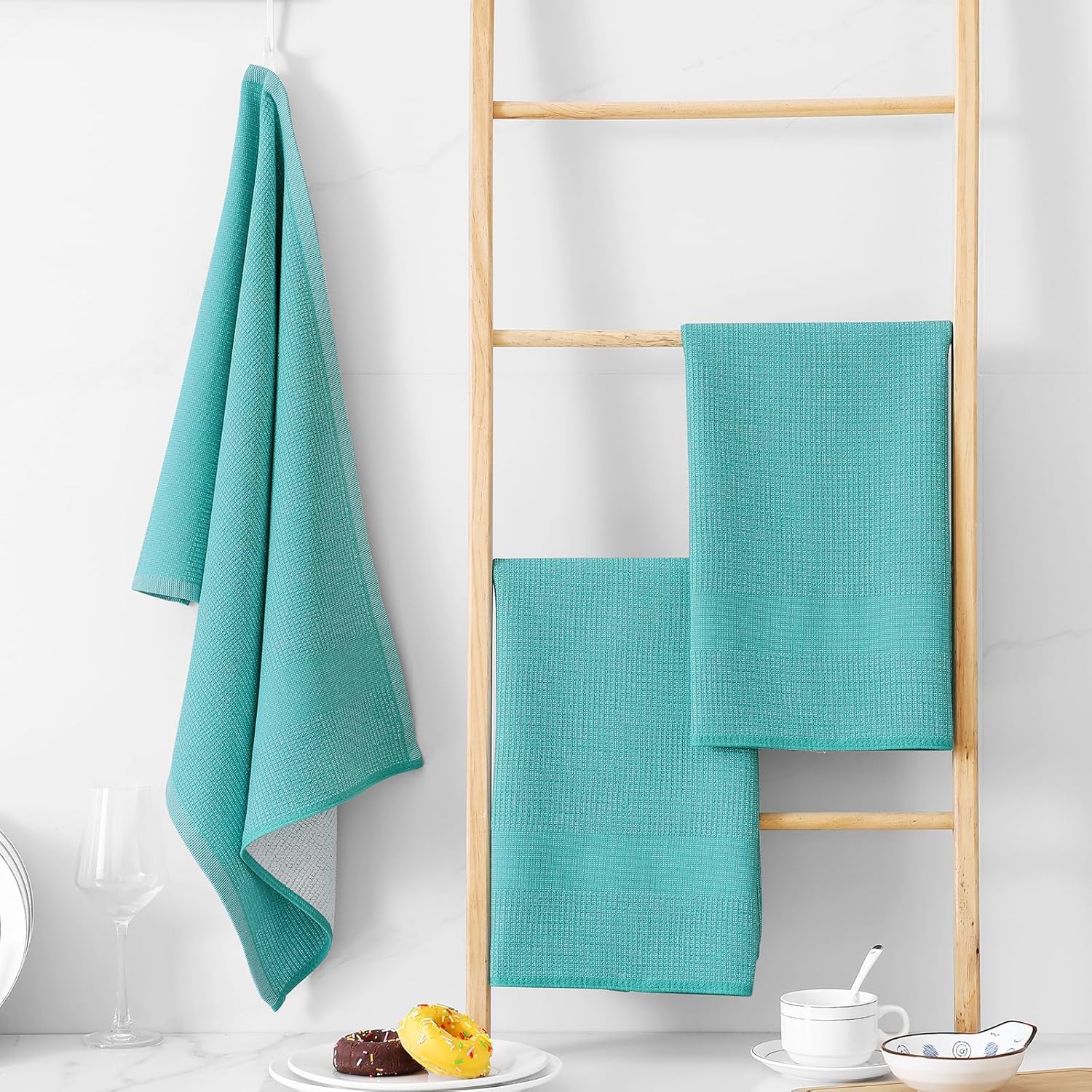 Homaxy Premium Kitchen Towels(18”x 28”, 12 Pack), Large Cotton Kitchen Hand Towels, Flat and Terry Dish Towels, 380 GSM Highly Absorbent Tea Towel Set with Hanging Loop, Teal