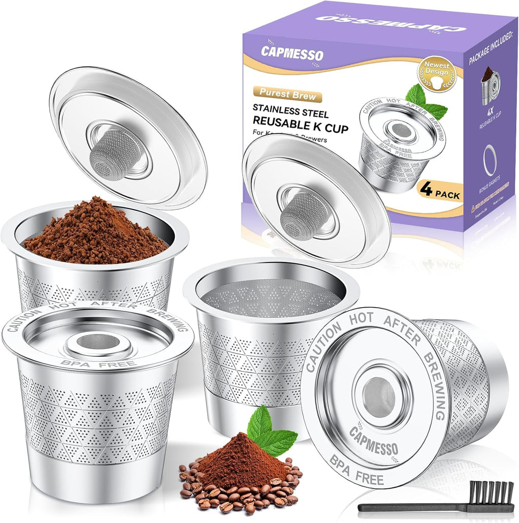 CAPMESSO Reusable K-Cups for Keurig 1.0: Stainless Steel Refillable Coffee Pods - Universal Metal Coffee Filter for Keurig Coffee Maker, Dual-mesh for Richer Coffee NO Sediment, Eco-Friendly (4 Pack)