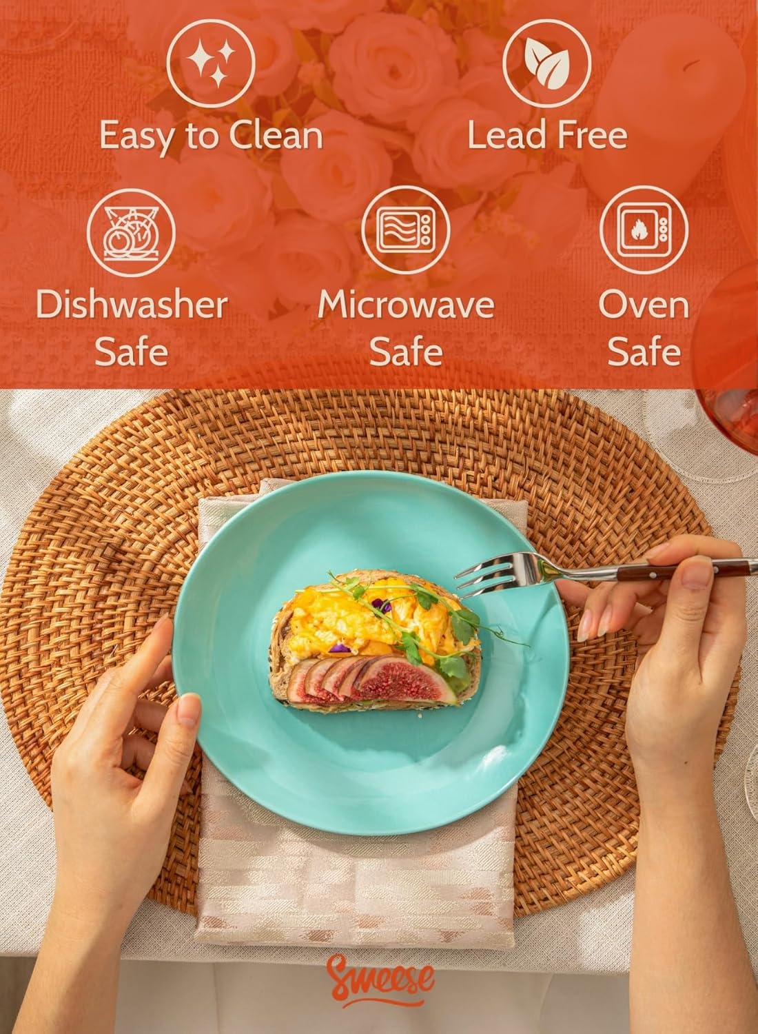 Sweese Porcelain Dessert Plates - 7.8 Inch Salad Plates, Small Appetizer Plates Set of 6 - Dishwasher, Microwave, Oven Safe - Azure Dreamscape Color