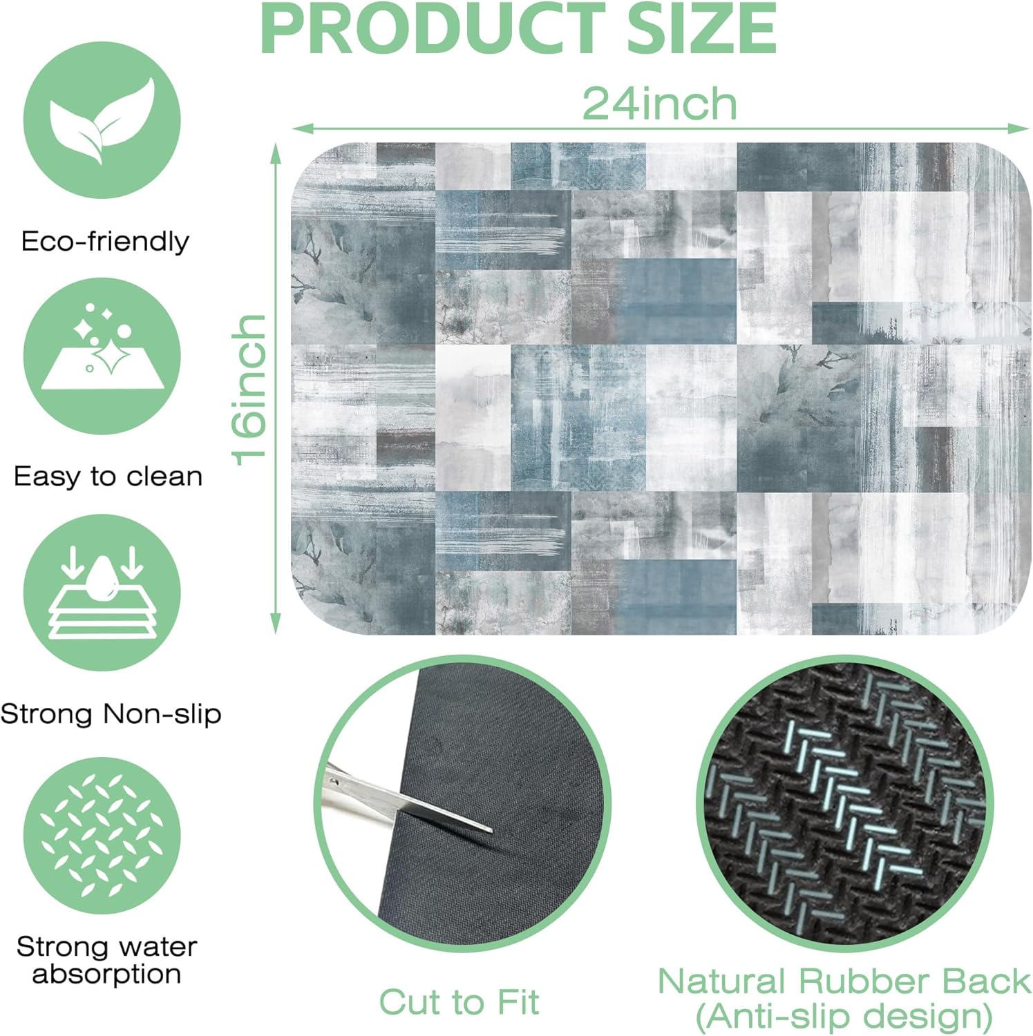 Dish Drying Mat Blue Grey Abstract Art Dish Drying Pad,16"X24" Bsorbent Coffee Mat for Sink Dishes or Under Rack Kitchen Counter Accessories Absorbent Hide Stain Rubber Backed Drying Mat