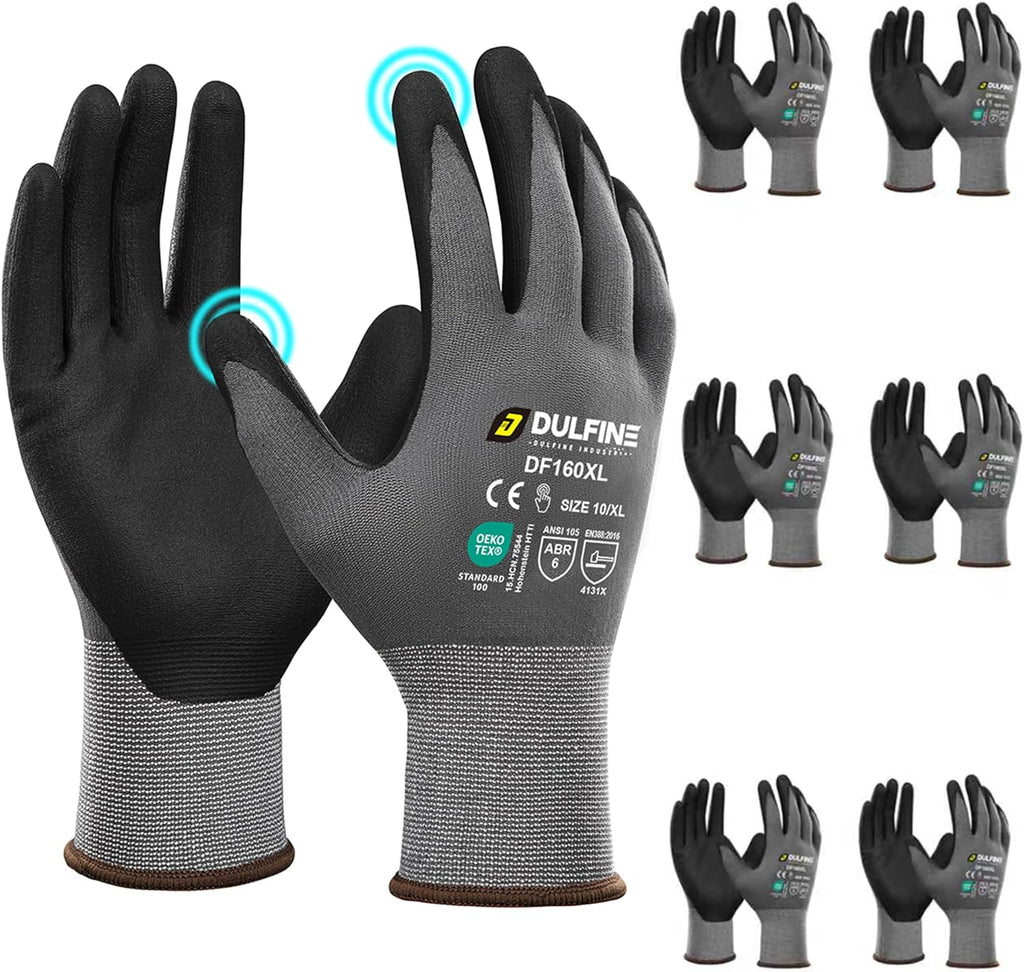 DULFINE Safety Work Gloves MicroFoam Nitrile Coated-6 Pairs Pack,Seamless Knit Nylon Glove with Black Micro-Foam Nitrile Grip,Ideal for General Purpose,Automotive,Home Improvement,Painting(Medium)